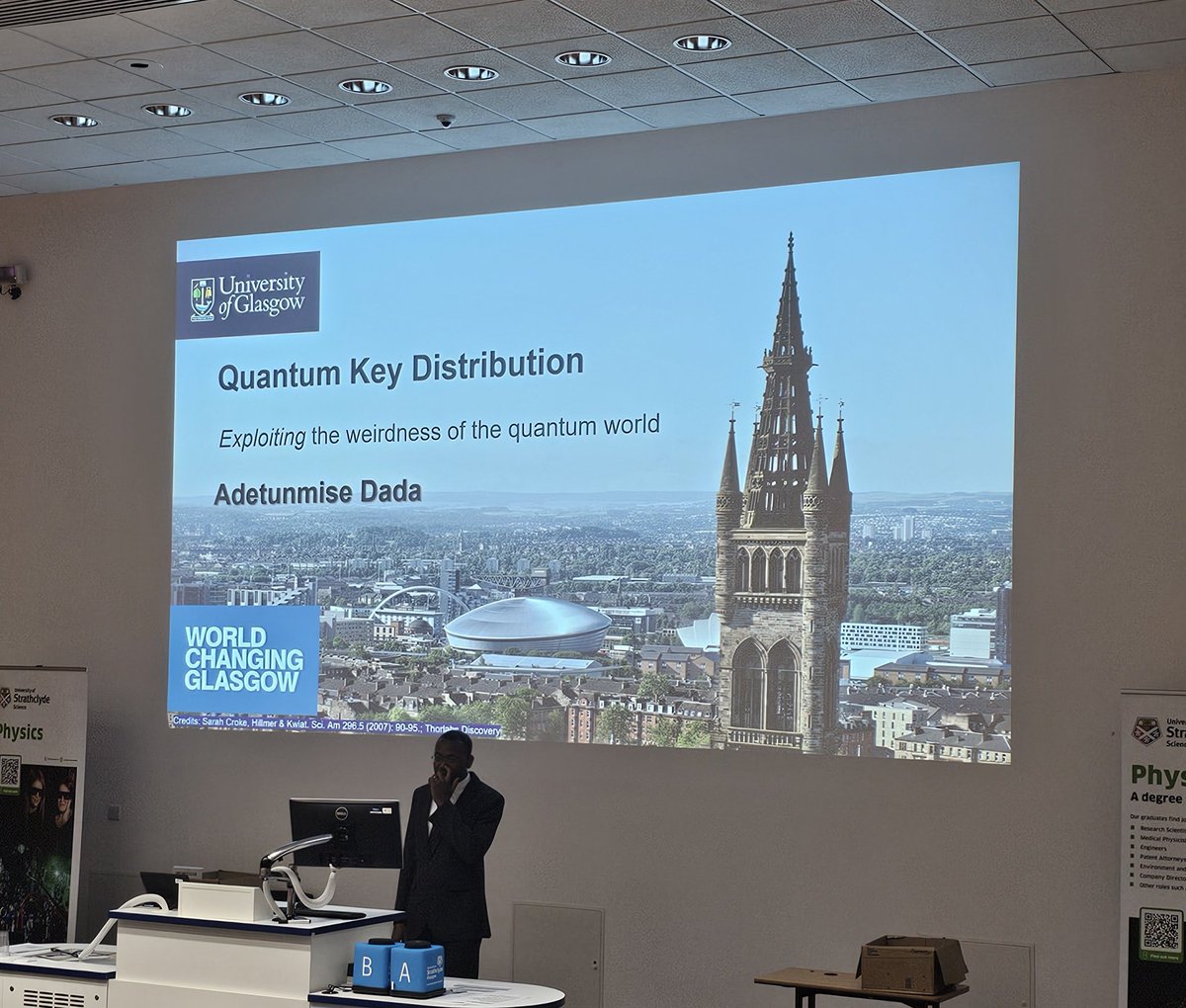 GilmourNeilPhys's tweet photo. Back at it again! Started off day 2 of #QTSStrath2024 with a talk from Dr Adetunmise Dada on quantum key distribution and exploiting the "weirdness" of the quantum world. Next, we were off on a tour of @PhysicsStrath SCAPA laser labs.
@greenwoodsci https://t.co/u8bSC420am