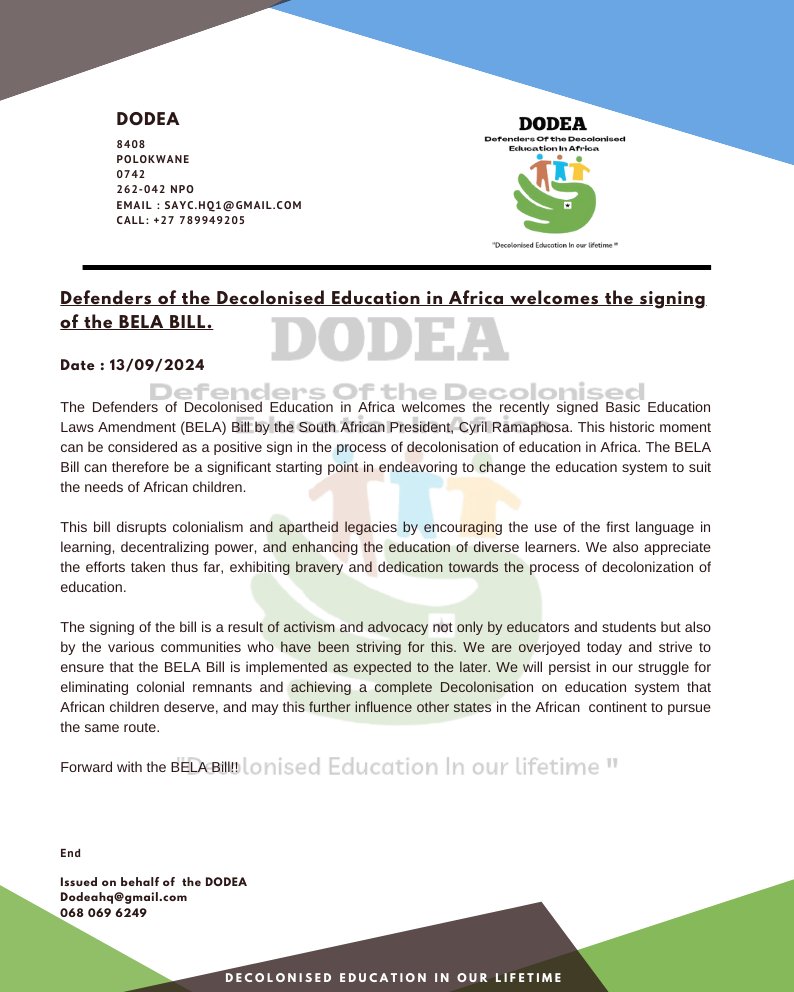 SouthCommand's tweet photo. DODEA welcomes the signing of the Basic Education Laws Amendment Bella Bill. 

@Newzroom405 @SABCNews @eNCA @cnnbrk @News24 @SundayWorldZA https://t.co/tsJe38hZmd