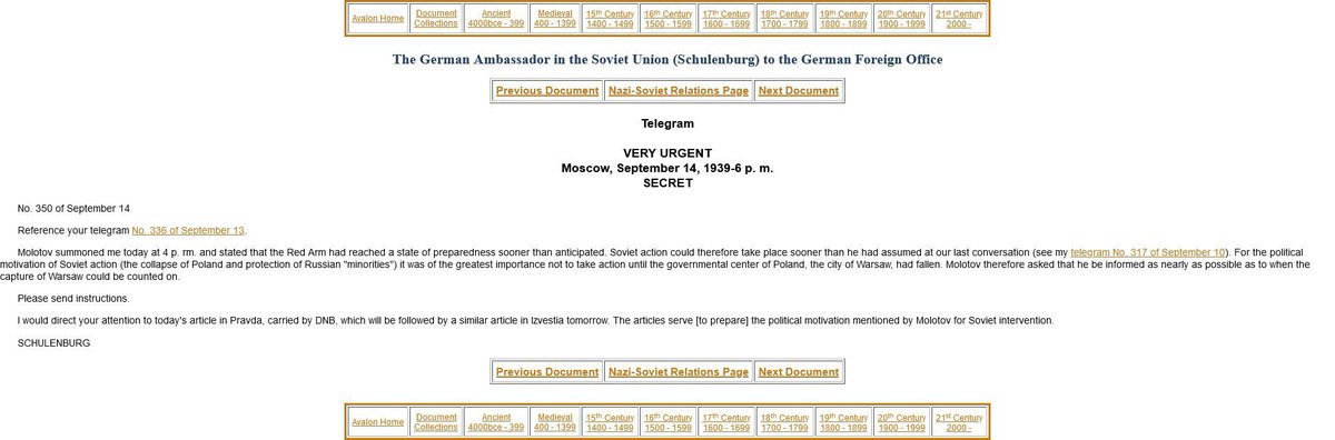 OTD in 1939, Nazi Germany &amp; USSR exchanged telegrams concerning common arrangements for our joint invasion of Poland.
Topics were state of Polish army. Kremlin told Berlin its plan to attack Poland 09/17/1939 &amp; how propaganda would explain it. 

The sort of thing allies would do