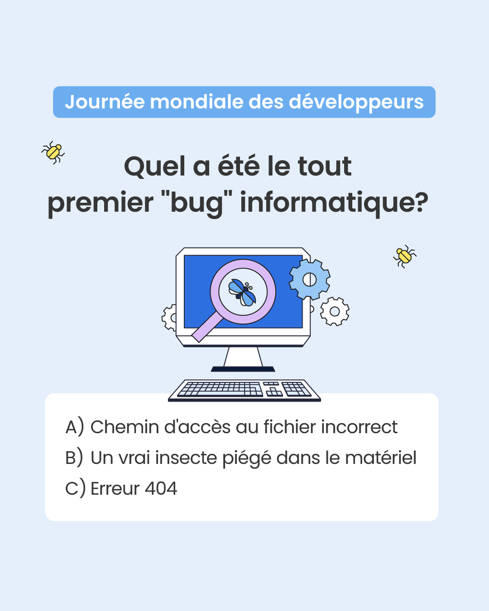 SiteGround_FR's tweet photo. C'est la journée internationale des développeurs ! 🤓 Voici un fait amusant : le premier « bug informatique » n'était pas juste un "glitch"... il avait des ailes 🐛😅. 

Pouvez-vous deviner ce que c'était ? Répondez dans les commentaires ! 

#SiteGround #programmersday #quiz https://t.co/gihfiAtjgq
