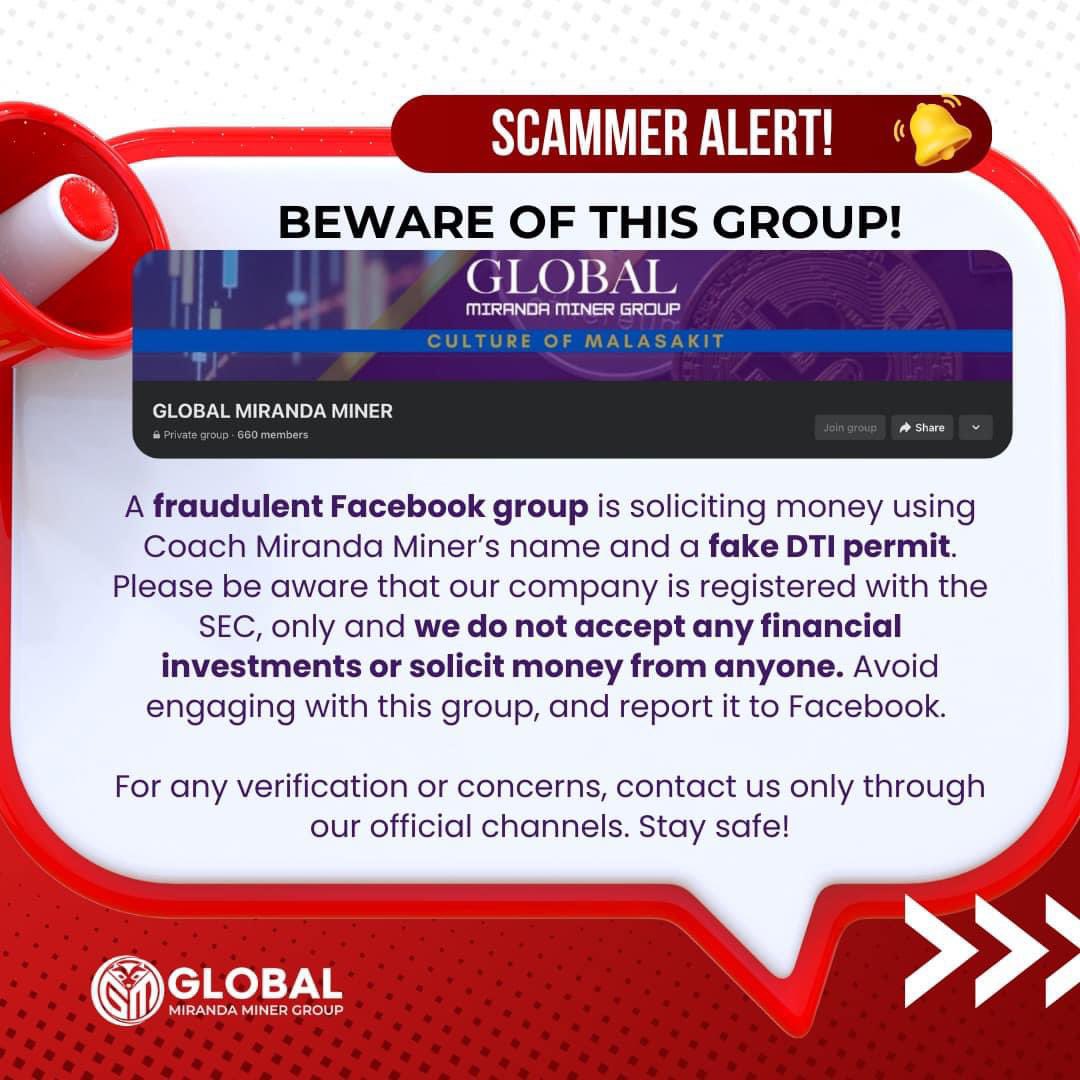 MiningMiranda's tweet photo. ❌❌❌Reminder lang po Ka-Miranda. Medyo kilala na po si Coach so double time mga scammers. May nalalaman pa na DTI permit. Di po tayo yan. Wala pong power ang DTI permit mag offer ng scam investments. ❌❌❌

pls share. https://t.co/UnPKCxjwWS