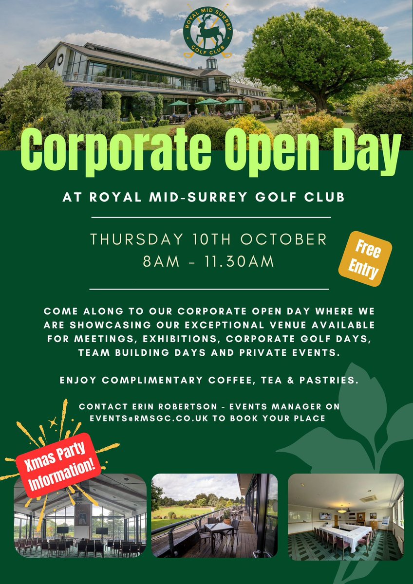 Royal Mid-Surrey GC (@royalmsgc) on Twitter photo Come along to Royal Mid-Surrey Golf Club’s Corporate Open Day on Thursday 10th October 8am- 11.30am. We will be showcasing our exceptional venue which is available for meetings, exhibitions, corporate golf, team building and private events. Contact events@rmsgc.co.uk to book. Come along to Royal Mid-Surrey Golf Club’s Corporate Open Day on Thursday 10th October 8am- 11.30am. We will be showcasing our exceptional venue which is available for meetings, exhibitions, corporate golf, team building and private events. Contact events@rmsgc.co.uk to book.