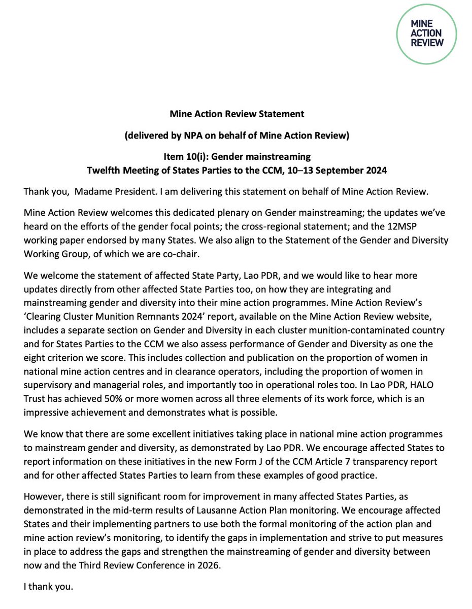Read Mine Action Review's Statement below on #gender mainstreaming at the 12th Meeting of States Parties to the Convention on #ClusterMunitions <a href="/UNGeneva/">United Nations Geneva</a> #CCM12MSP. We encourage everyone to make use of the #Gender &amp; #Diversity sections in each of our country reports. <a href="/ISUCCM/">Convention on Cluster Munitions</a>
👇