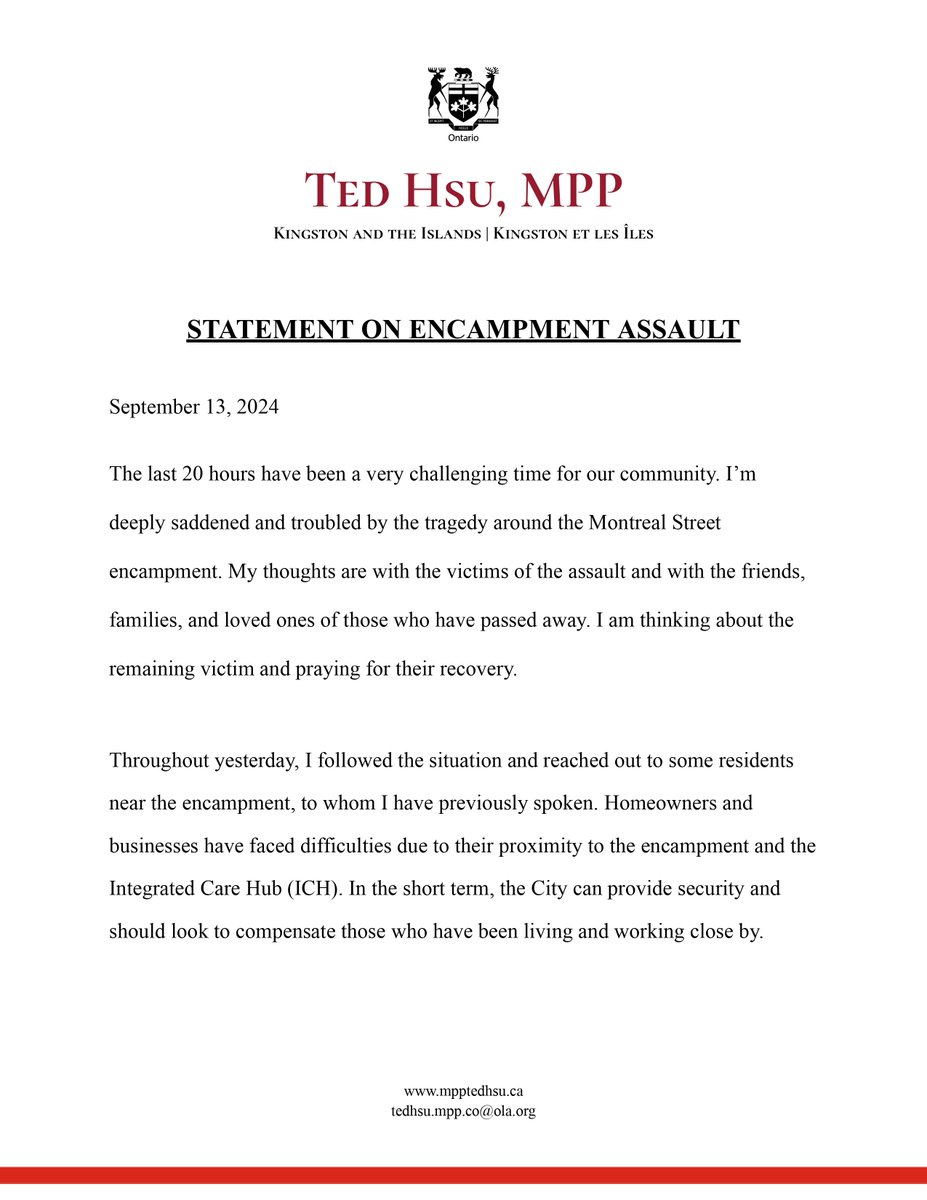 tedhsu's tweet photo. My statement on the events at the Montreal Street encampment yesterday: https://t.co/ppL5XmUQVw