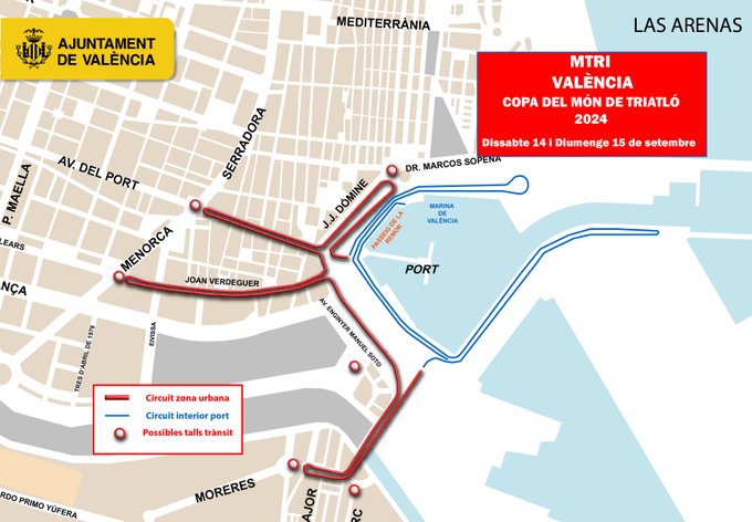 policialocalvlc's tweet photo. 👮📢Talls de trànsit en la Marina de València i Poblats Marítims
🚴♂️Este cap de setmana se celebra a la nostra ciutat el #MTRI que acull la Copa del Món de triatló
⚠️Hauran corts el dissabte i diumenge des de les 6 del matí a les 14:00 del mig dia
