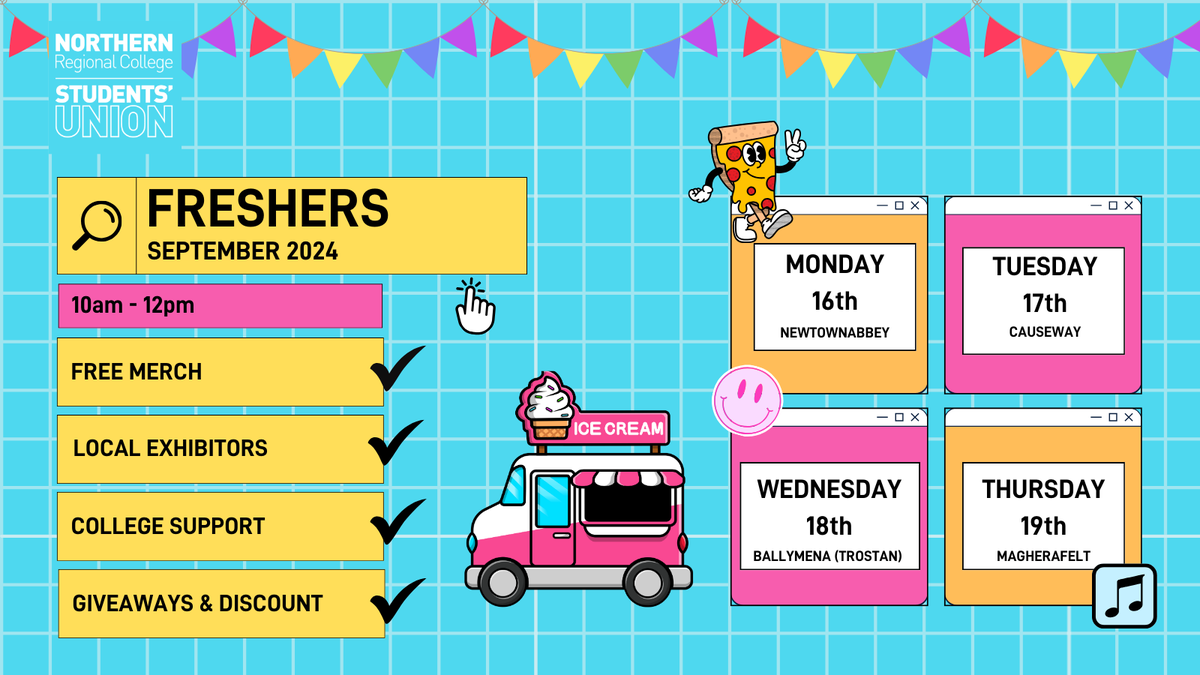 🎉 Freshers' events are next week! 🎉

Join us for support information, volunteer opportunities, university progression, freebies, and an ice cream van on every campus! 🍦🙌

📅 16th-19th Sept 
#FreshersWeek #StudentSupport