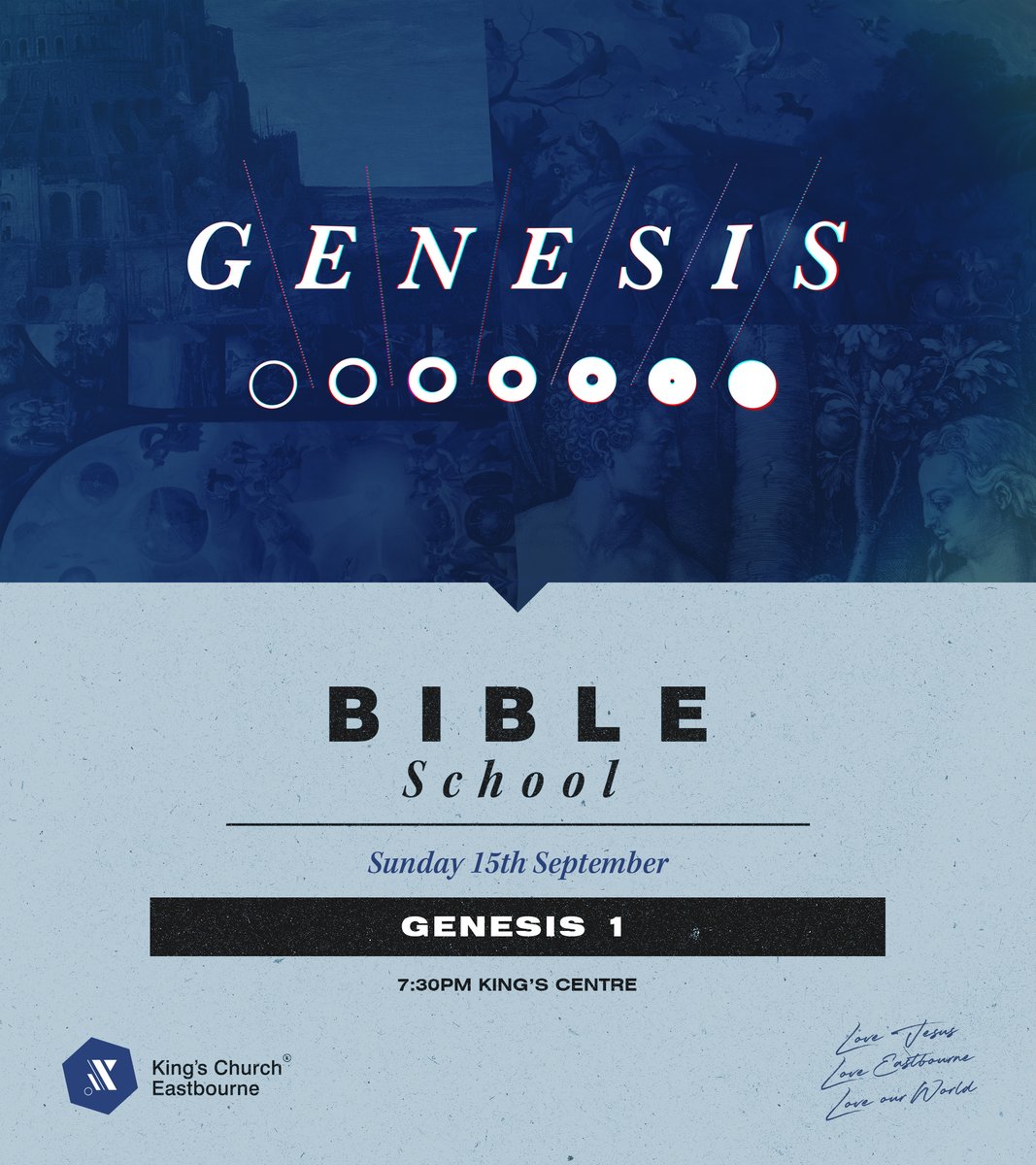 This Sunday at our evening event we're running Bible School looking at creation in Genesis 1, with a chance to look at this amazing opening chapter of the Bible in greater depth. Join us 7:30pm at King's.