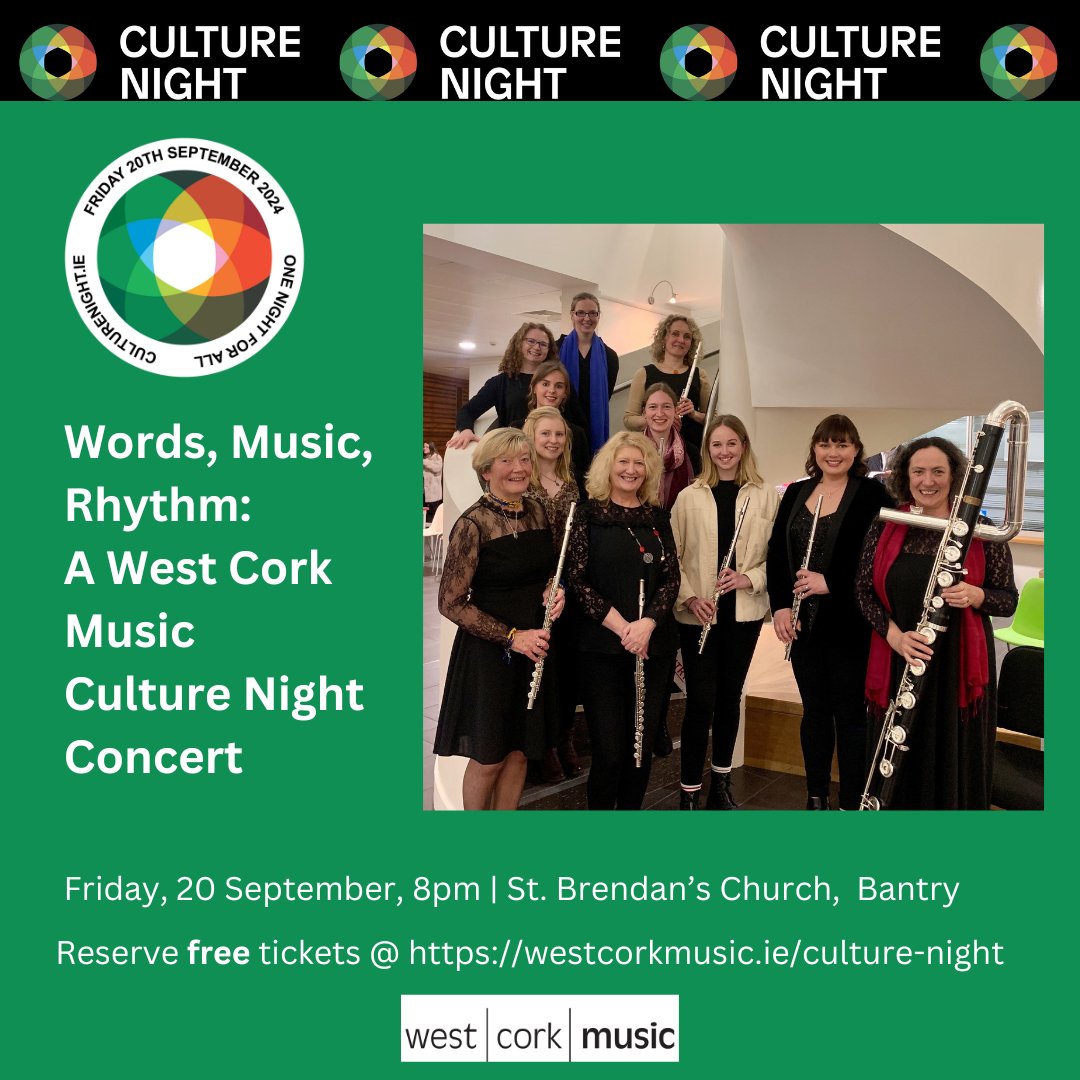 Café Cork Flute Ensemble join us for our Culture Night concert in Bantry next Friday - its amateur and professional flautists combine classical &amp; popular music with a great sense of fun! 🪈🎼🎶
Book free tickets @ westcorkmusic.ie/culture-night #CultureNight2024 #Bantry #WestCork