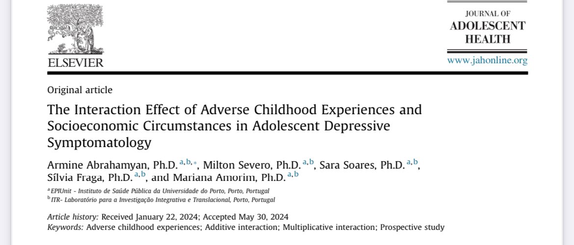 What role do #adverse #childhood experience play in the development of #depressive symptoms among #Portuguese #adolescents? 
Excited to share our latest publication in the @JAdolesHealth 
<a href="/silvia_fraga14/">Sílvia Fraga</a> <a href="/MiltonSevero/">Milton Severo</a> <a href="/SaraIsaSoares/">Sara Soares</a> @Amorim__Mariana 
🔗 jahonline.org/article/S1054-…
