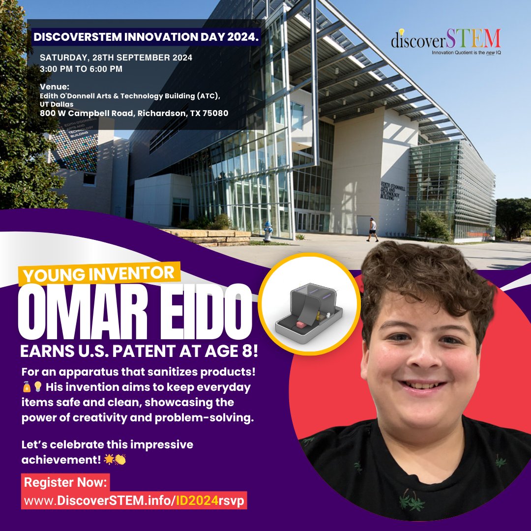 Young inventor Omar Eido's patent is proof that kids can innovate! 🎉

Join DiscoverSTEM Innovation Day &amp; meet the next tech geniuses! ✨ 

🔗 Register: discoverstem.info/ID2024rsvp

#FridayThe13th #FridayFeatures #Friday