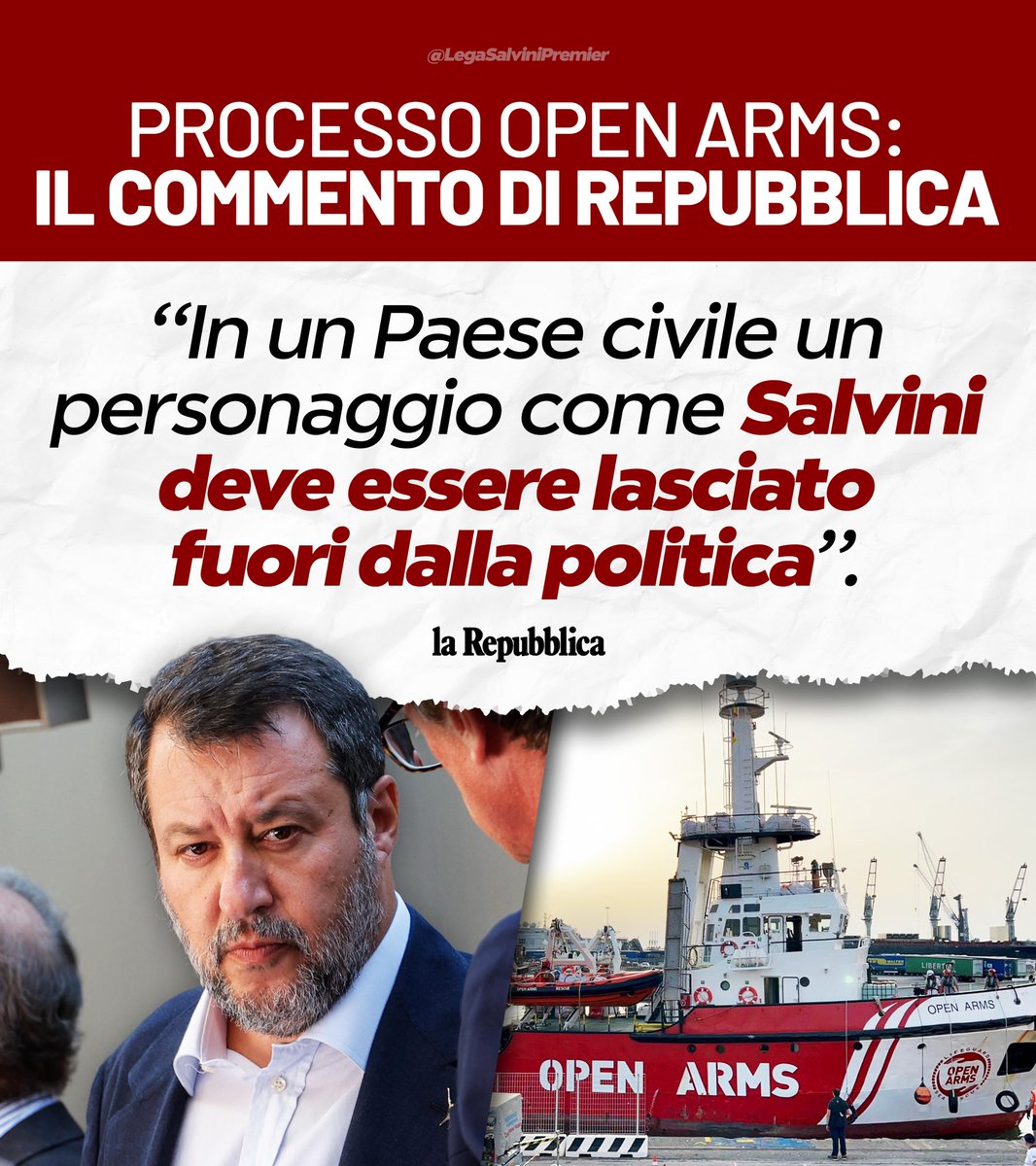 “In un Paese civile un personaggio come Salvini deve essere lasciato fuori dalla politica”.

Domani, a Palermo, i pm diranno quanto dovrei pagare per aver difeso i confini del mio Paese, rischiando fino a QUINDICI ANNI di carcere. 
Nel frattempo a sinistra sono senza vergogna,