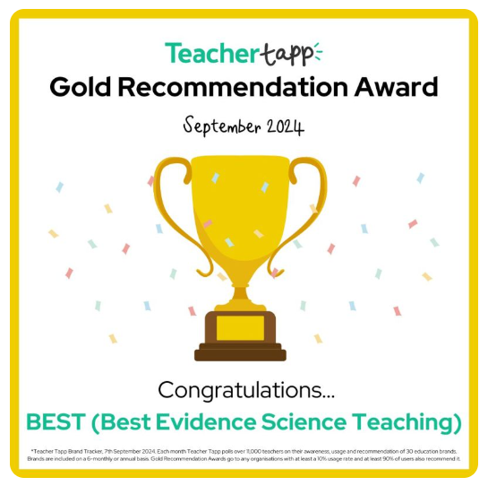 We are proud to announce we have, once again, won a Teacher Tapp Gold Award. 
We are particularly pleased that so many of you are using and recommending our research-informed open-access science teaching resources.