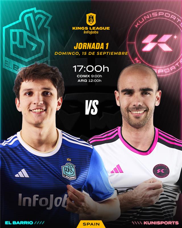 KingsLeague's tweet photo. 🤞 @elbarrioklk_ 🆚 @kunisport 🤟

⏰ Domingo 15 a las 17:00h 🇪🇸

#KingsLeague #InfoJobs https://t.co/OaR5tHuztX
