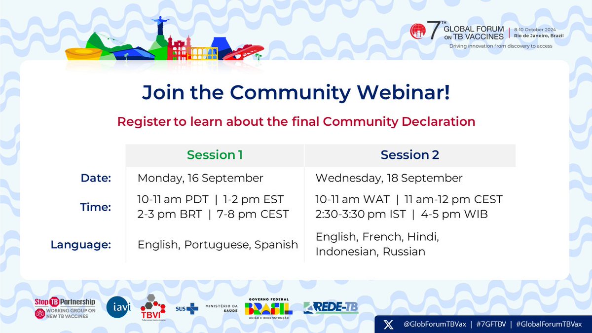 Global Forum on TB Vaccines (@globforumtbvax) on Twitter photo Join 1 of 2 multilingual webinars on the final 7th
<a href="/GlobForumTBVax/">Global Forum on TB Vaccines</a> Community Declaration!
Web 1 (Eng, Esp, Por):
📅Mon 16 Sep
⏰1-2pm EST | 2-3pm BRT
Web 2 (Eng, Fre, Hin, Ind, Rus):
📅Wed 18 Sep
⏰11am-12pm CEST | 2:30-3:30pm IST | 4-5pm WIB
Register: bit.ly/7GFTBVcomdecWeb Join 1 of 2 multilingual webinars on the final 7th
<a href="/GlobForumTBVax/">Global Forum on TB Vaccines</a> Community Declaration!
Web 1 (Eng, Esp, Por):
📅Mon 16 Sep
⏰1-2pm EST | 2-3pm BRT
Web 2 (Eng, Fre, Hin, Ind, Rus):
📅Wed 18 Sep
⏰11am-12pm CEST | 2:30-3:30pm IST | 4-5pm WIB
Register: bit.ly/7GFTBVcomdecWeb