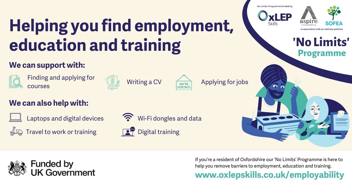 EOxSkills's tweet image. On #EmployabilityDay, we&apos;re delighted to announce an extension to our ‘No Limits’ programme, which provides 1-1 skills and employability support, digital devices and travel bursaries to Oxfordshire residents aged 19+

👉 oxlepskills.co.uk/nolimitsextens…

#EmpDay24 #WorkingForBetterWork