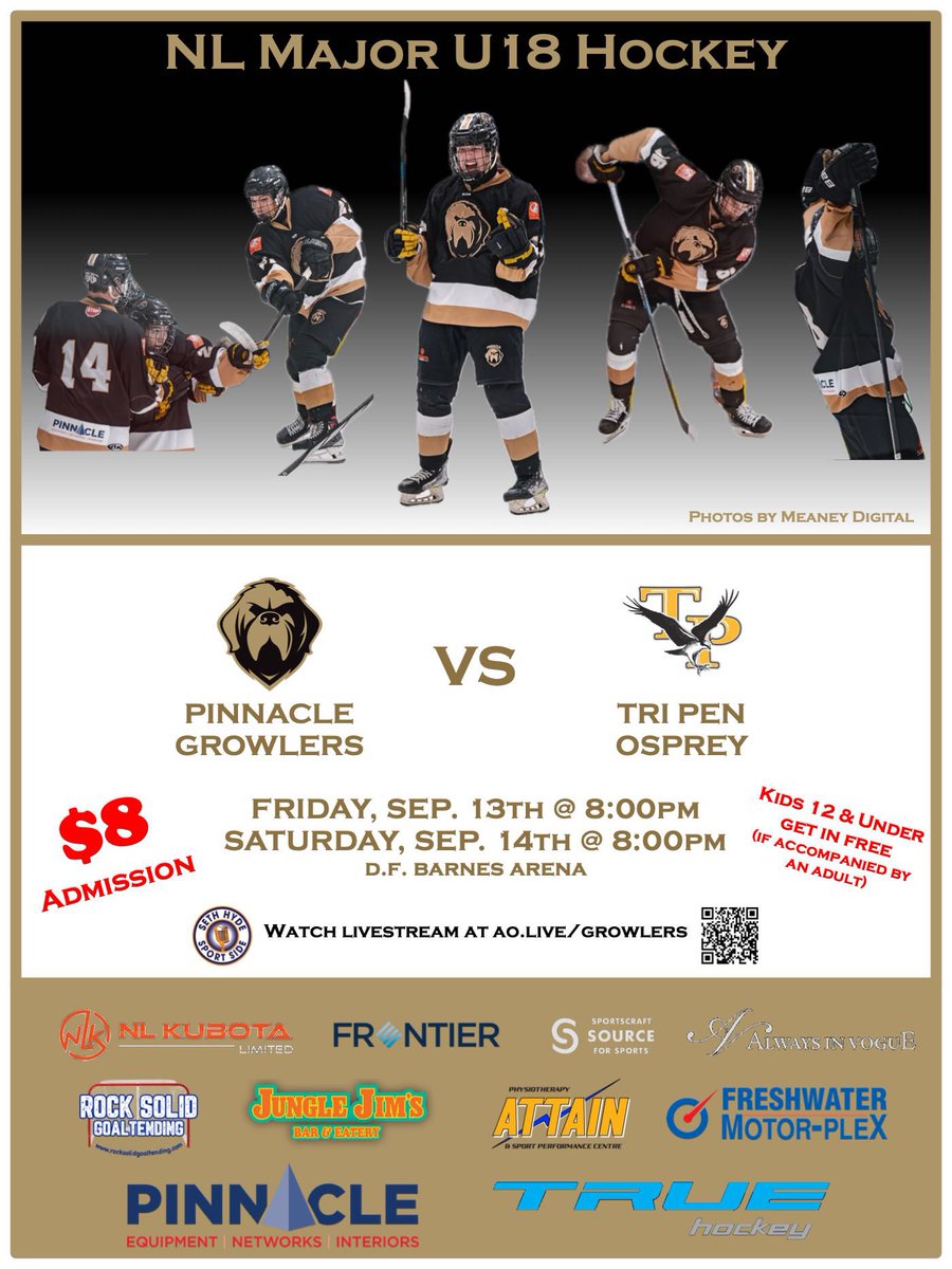 ⬛️⬜️🟨 Game Day - Home Opener!!
🕢 8:00PM
📍 <a href="/DFBarnesArena/">DF Barnes Arena</a>
🆚 <a href="/TriPenOsprey/">U18 Tri Pen Osprey</a> 
📺 ao.live/growlers

#NoTimeOff #Woof