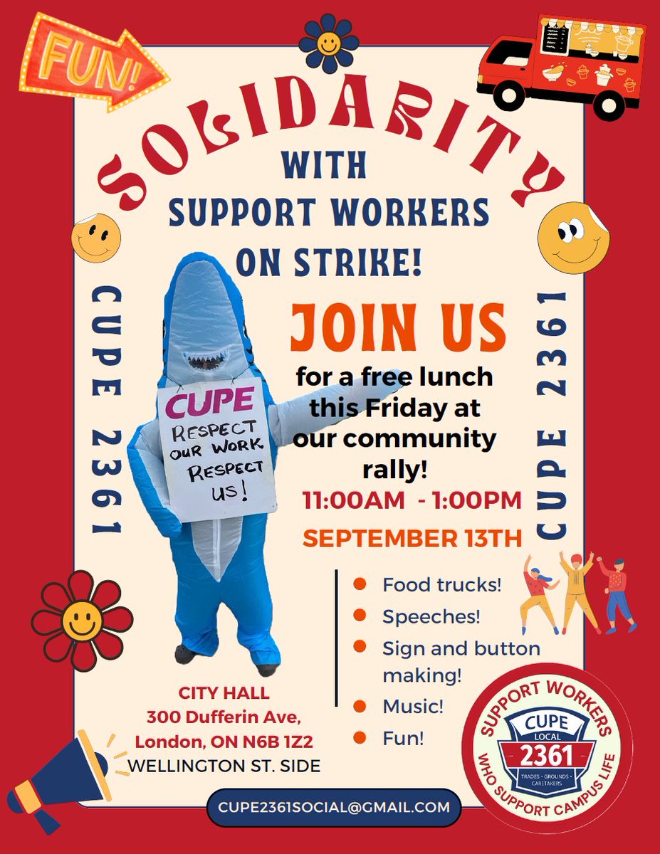 Rally TODAY for <a href="/CUPE2361/">CUPE 2361</a>, NEW location at #LdnOnt City Hall. 11am-1pm. 
<a href="/Ldn_Labour/">London and District Labour Council</a> <a href="/CityofLdnOnt/">City of London</a> <a href="/PSAC610/">TA/PD Union@ Western</a> <a href="/CUPEOntario/">CUPE Ontario</a> <a href="/westernsogs/">Western SOGS</a> @UWOFA1 <a href="/opseulocal110/">OPSEU 110 Fanshawe College Faculty Union</a> <a href="/strosow/">Samuel Trosow</a> <a href="/kernaghant/">Terence Kernaghan NDP</a>  
Calling on <a href="/WesternU/">Western University</a> to return to bargain a #FairDealNow! for facilities workers at #UWO!