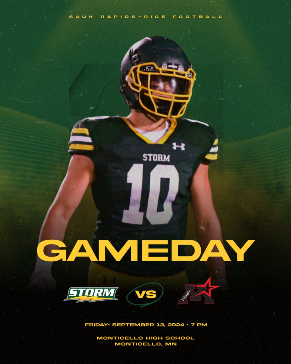 Get up, it's Gameday! Tonight your Sauk Rapids-Rice Storm travel to Monticello to take on the Magic

🕖:  7:00 PM
📍: Monticello High School
🎥: storm.isd47.org/find-it-fast/w…
📻: AM 1390/FM 93.9
 🎟️ : shorturl.at/fRDAO
#ToughKids #GoodH2O #SchoolBusFootball