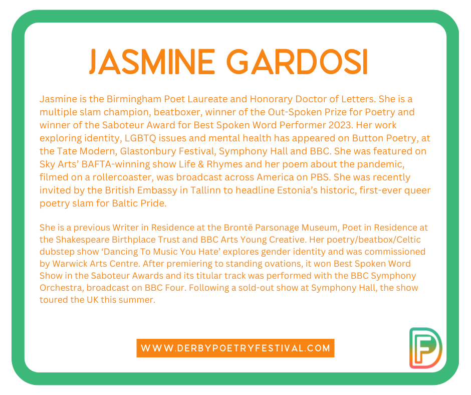Derby Poetry Festival (@derbypoetryfes) on Twitter photo 🤝 Meet the Poet: <a href="/JasmineGardosi/">Jasmine Gardosi</a>
Jasmine will be joining us at the festival for several events. Hosting a workshop, performing at The Wardwick @Derby Museum and Art Gallery and maybe even on Friday evening 👀
#poetry #derby #poetryworkshop 🤝 Meet the Poet: <a href="/JasmineGardosi/">Jasmine Gardosi</a>
Jasmine will be joining us at the festival for several events. Hosting a workshop, performing at The Wardwick @Derby Museum and Art Gallery and maybe even on Friday evening 👀
#poetry #derby #poetryworkshop