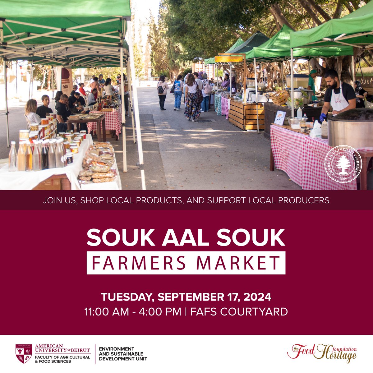 Join us at the SOUK AAL SOUK Farmers Market on Tuesday, September 17, 2024, from 11:00 AM to 4:00 PM at the FAFS Courtyard! 🌿🥕🍯 Discover fresh, local produce, homemade goods, and support your community's farmers. See you there!

<a href="/ESDU_AUB/">ESDU-AUB</a> <a href="/AUB_FAFS/">AUB_FAFS</a>