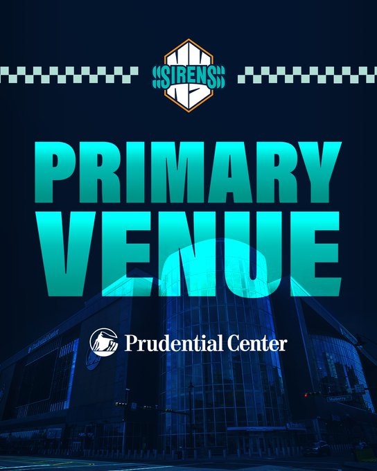 Teal graphic announcing the Prudential Center as the primary venue for the New York Sirens. 