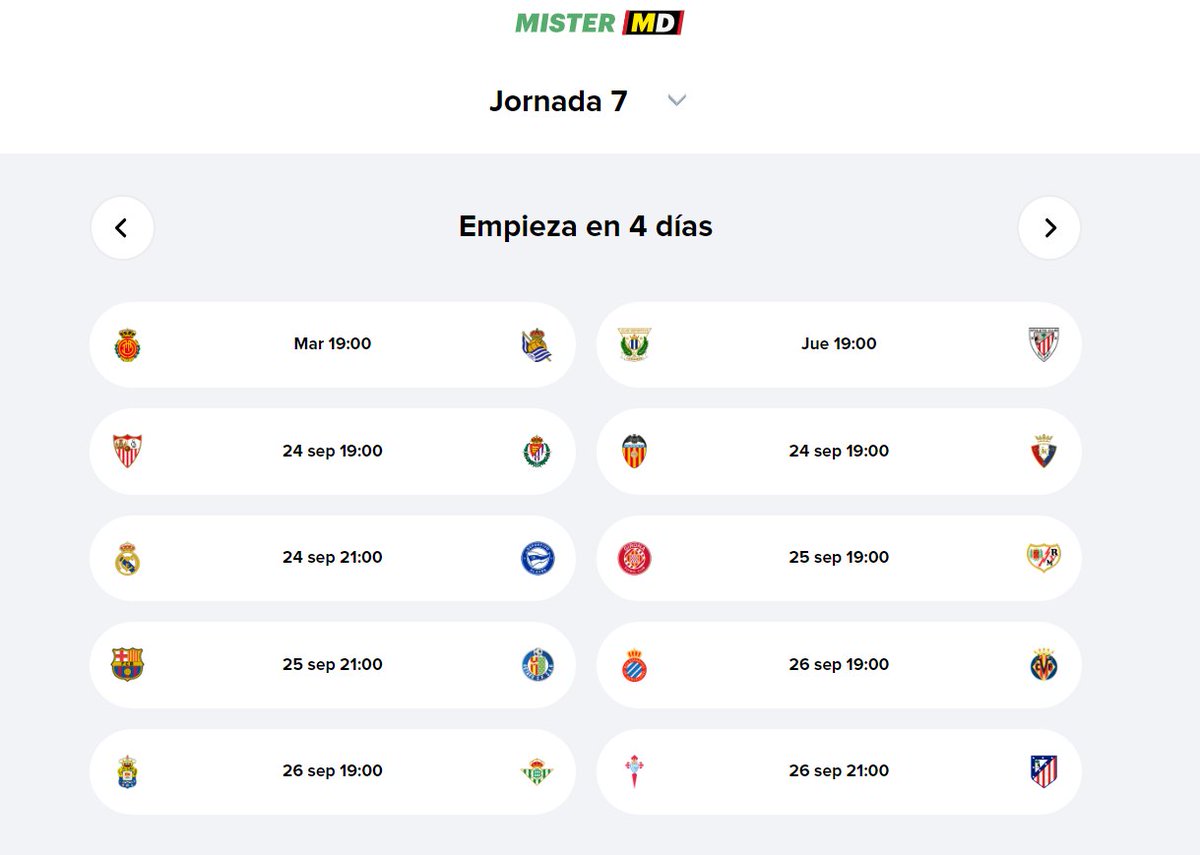 📆 ​JORNADA ADELANTADA / Jornada 7 #LaLiga #Fantasy

✅ Lunes noche finaliza la jornada 5.
✅ Martes mañana cerramos la jornada 5.
✅ Martes tarde comienza la jornada 7. ¡Todos en positivo!
✅ Miércoles se juega el aplazado de la 3.
✅ Jueves mañana cerramos la jornada 3