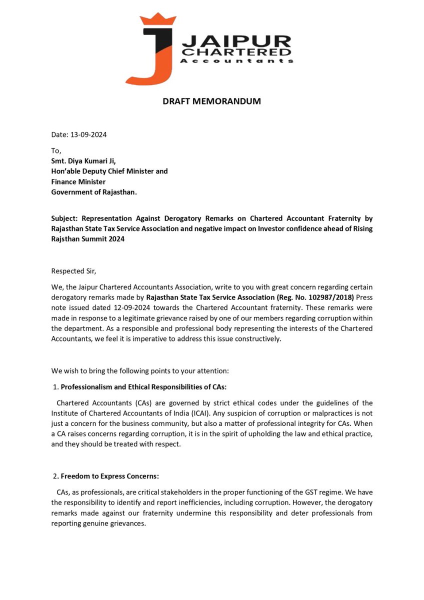 imcaraj's tweet image. An open letter to Hon’able Deputy Chief Minister of Governmentof Rajasthan @KumariDiya 

@biprajasthan @BhajanlalBjp 

#CAUnity #RisingRajsthan