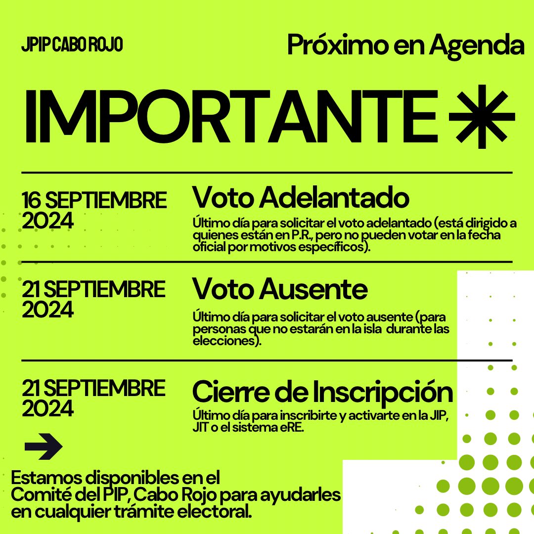 jpipcaborojo's tweet photo. ¡Lo próximo en agenda! Se acercan fechas vitales para nuestros electores🌟
El Comité del PIP en Cabo Rojo sigue trabajando por un futuro mejor. Mantente atento, márcalas en tu calendario y únete al cambio.
#JPIP #CaboRojo #PatriaNueva https://t.co/GzgNhvEkiG