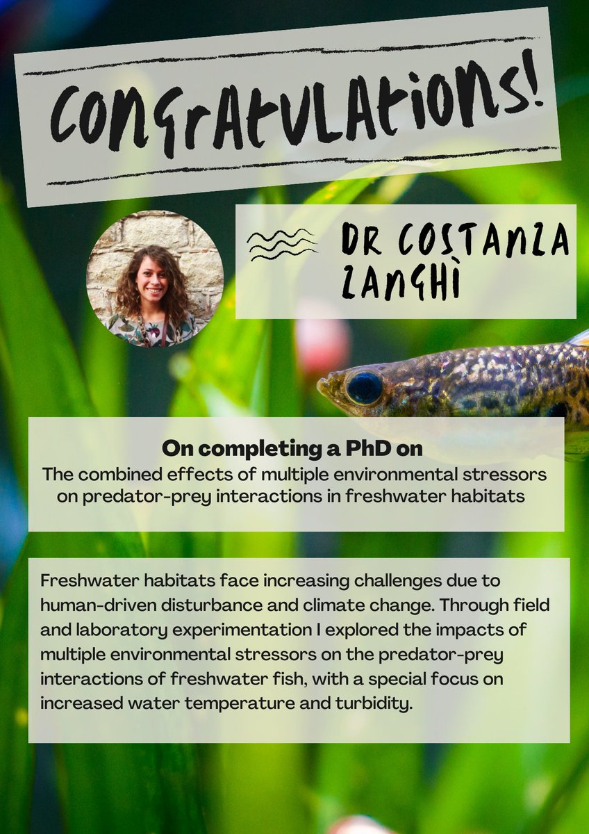 GW4 Fresh CDT (@gw4freshcdt) on Twitter photo Another of our FRESH students to successfully pass their viva was <a href="/CosZan/">Costanza Zanghí</a> whose research looked at combined effects of multiple environmental stressors on predator-prey interactions in freshwater habitats. Well done Costanza! 👏👏 Another of our FRESH students to successfully pass their viva was <a href="/CosZan/">Costanza Zanghí</a> whose research looked at combined effects of multiple environmental stressors on predator-prey interactions in freshwater habitats. Well done Costanza! 👏👏