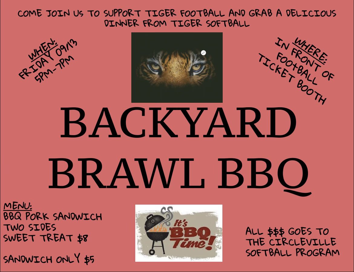 Circleville Softball (@chstigersball) on Twitter photo Happening tonight at the Backyard Brawl! Come hungry! We will be selling from 5:00 until they are gone. <a href="/Athletics_CV/">Circleville Athletics</a> <a href="/CirclevilleCity/">Circleville City Schools</a> <a href="/loganelmschools/">Logan Elm Schools</a> <a href="/LoganElmAD/">Eric Karshner</a> Happening tonight at the Backyard Brawl! Come hungry! We will be selling from 5:00 until they are gone. <a href="/Athletics_CV/">Circleville Athletics</a> <a href="/CirclevilleCity/">Circleville City Schools</a> <a href="/loganelmschools/">Logan Elm Schools</a> <a href="/LoganElmAD/">Eric Karshner</a>