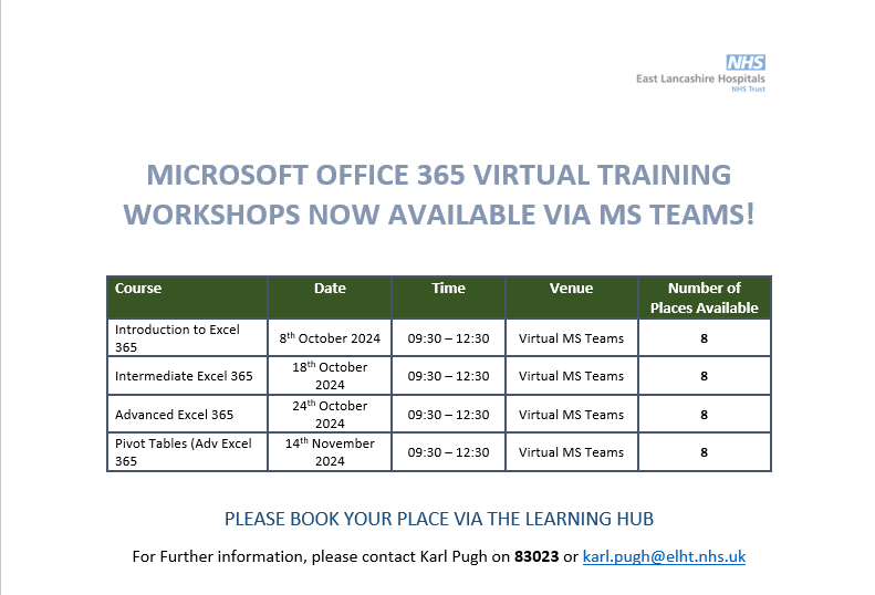 ELHT Directorate_Education, Research & Innovation (@elht_deri) on Twitter photo We have a range of Microsoft training courses available via Microsoft teams. Book sessions now via the Learning hub. For further information, Please contact Karl Pugh on 83023 or karl.pugh@elht.nhs.uk
<a href="/ELHT_NHS/">East Lancashire Hospitals NHS Trust π</a>
<a href="/elhtlibrary/">No Longer Here (ELHT Library ππ₯ππ₯βΉοΈ)</a> We have a range of Microsoft training courses available via Microsoft teams. Book sessions now via the Learning hub. For further information, Please contact Karl Pugh on 83023 or karl.pugh@elht.nhs.uk
<a href="/ELHT_NHS/">East Lancashire Hospitals NHS Trust π</a>
<a href="/elhtlibrary/">No Longer Here (ELHT Library ππ₯ππ₯βΉοΈ)</a>