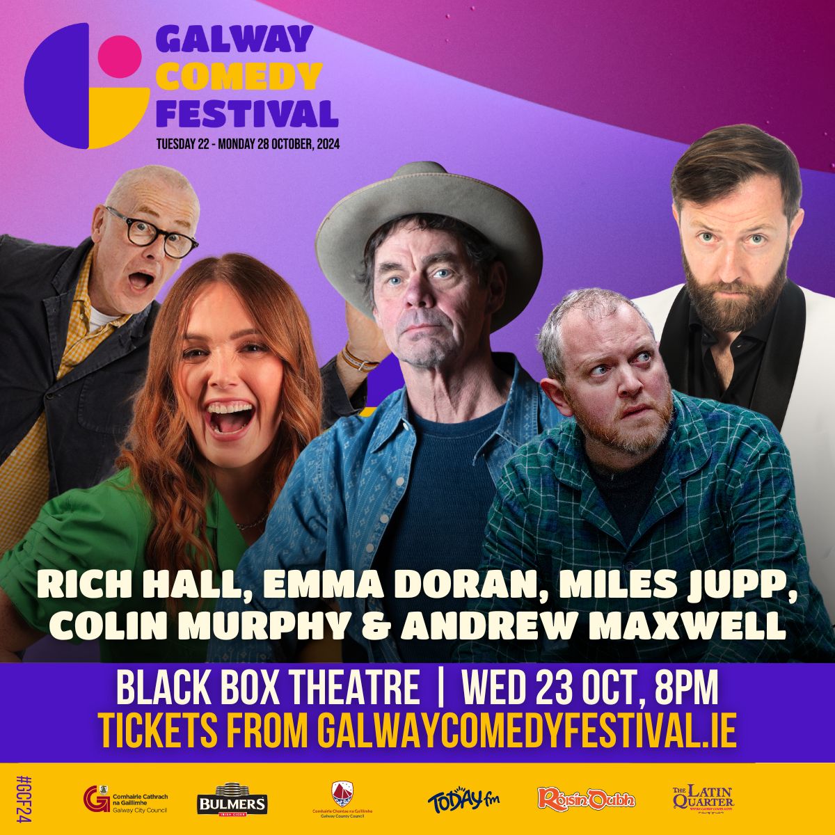 galwaycomedy's tweet photo. The first of our stacked Black Box Galas for #GCF24 is Wed 23 Oct with Rich Hall, Emma Doran, Miles Jupp, Colin Murphy & Andrew Maxwell.
Tickets: https://t.co/kyOChcf6Ak https://t.co/FaNrtnQVKj