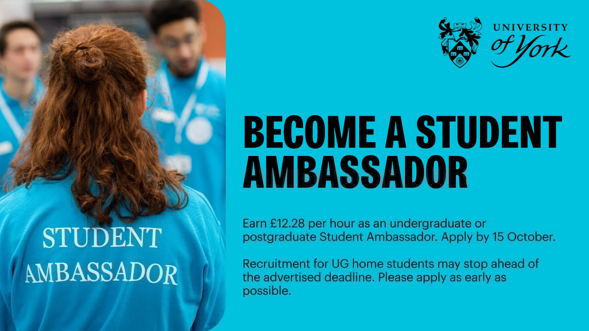 🚨 Become a Student Ambassador!
💰 Paid £12.28 per hour

In this diverse role you’ll represent York at events such as Open Days and School Visits, and build your skills leading on presentations, Q&amp;A chats and student panels.

Apply now: bit.ly/york-student-a…