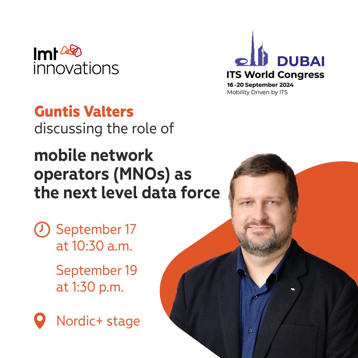 LMT Innovations (@innovationslmt) on Twitter photo Do not miss our colleague Guntis Valters at the <a href="/ITS_Congresses/">ITS Congresses</a> in Dubai, as he will speak in the Nordic+ stage about the role of mobile network operators (MNOs) as the next level data force and LMT's Transport Monitoring Platform (TMP) solution!
See you there! Do not miss our colleague Guntis Valters at the <a href="/ITS_Congresses/">ITS Congresses</a> in Dubai, as he will speak in the Nordic+ stage about the role of mobile network operators (MNOs) as the next level data force and LMT's Transport Monitoring Platform (TMP) solution!
See you there!