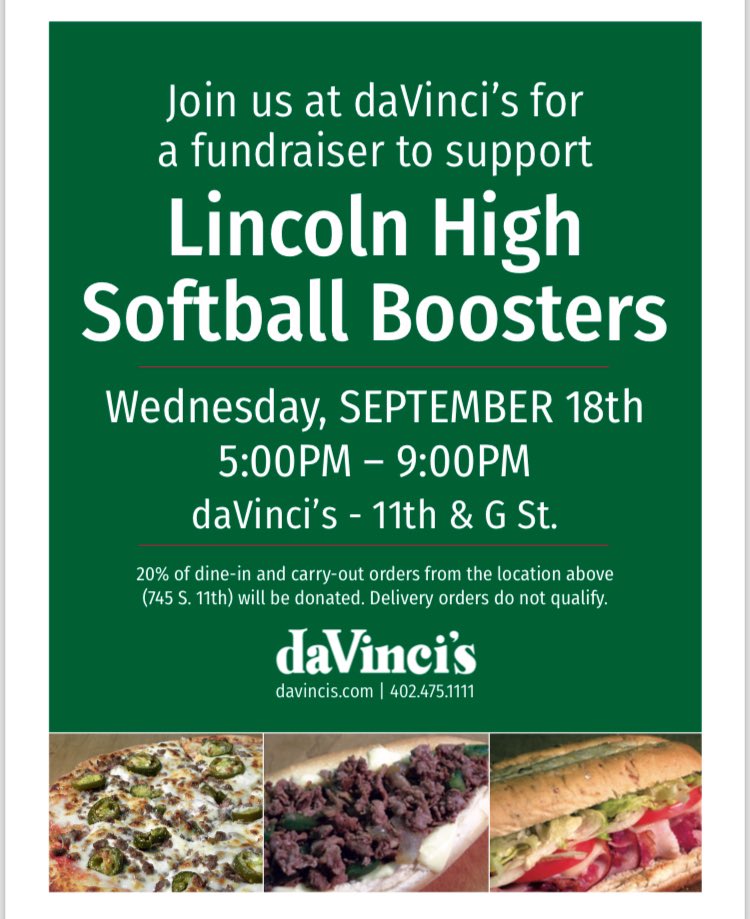 The Lincoln High Softball Boosters could really use your support. You can help out by grabbing dinner at daVinci’s at 11th and G on Wednesday. It’s a win win! Go Links!
