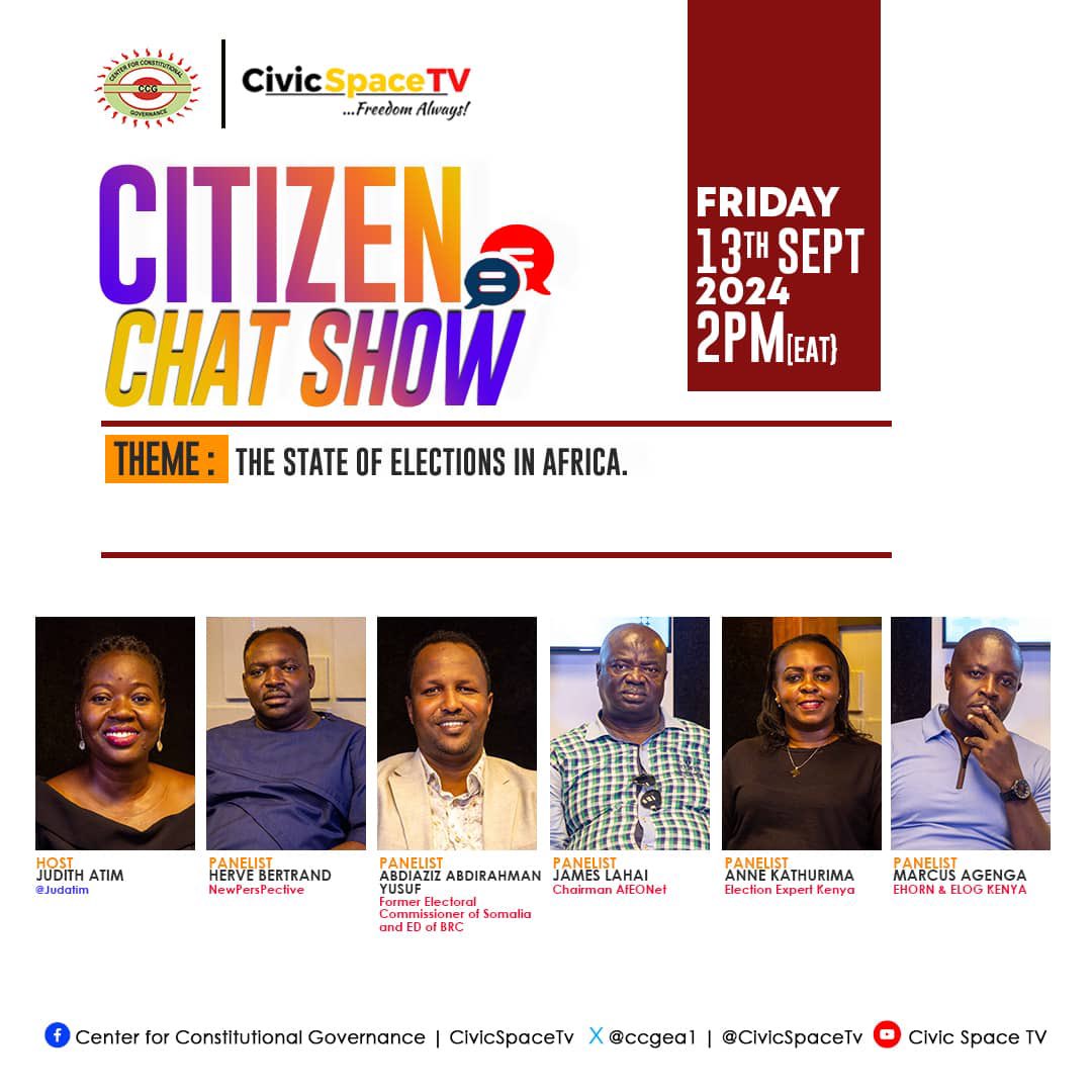 KeeraMelissa's tweet photo. #CitizenChatShow is airing on @CivicSpaceTV 
Topic: The state of elections in Africa.
Join  @Judatim as she hosts #HarveBertrand , #AbdiazizAbdirahman #JamesLahai , #AnneKathurima , #MarcusAgenga 
#CivicSpaceTv 
@ccgea1 
https://t.co/iEaGTFtaoc https://t.co/0DRlH2vehq