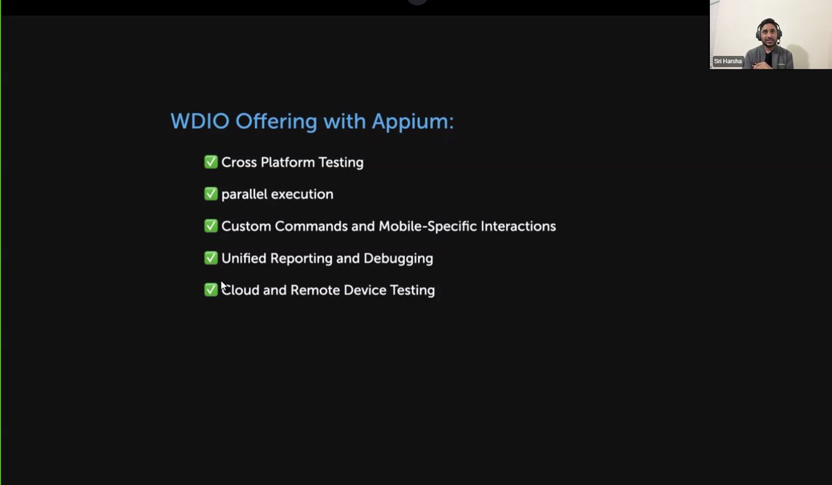 .<a href="/sri_harsha509/">Sri Harsha</a> live at #AppiumConf 2024 sharing about how to streamline mobile test automation with #WebdriverIO and #Appium, making testing more efficient and reliable!