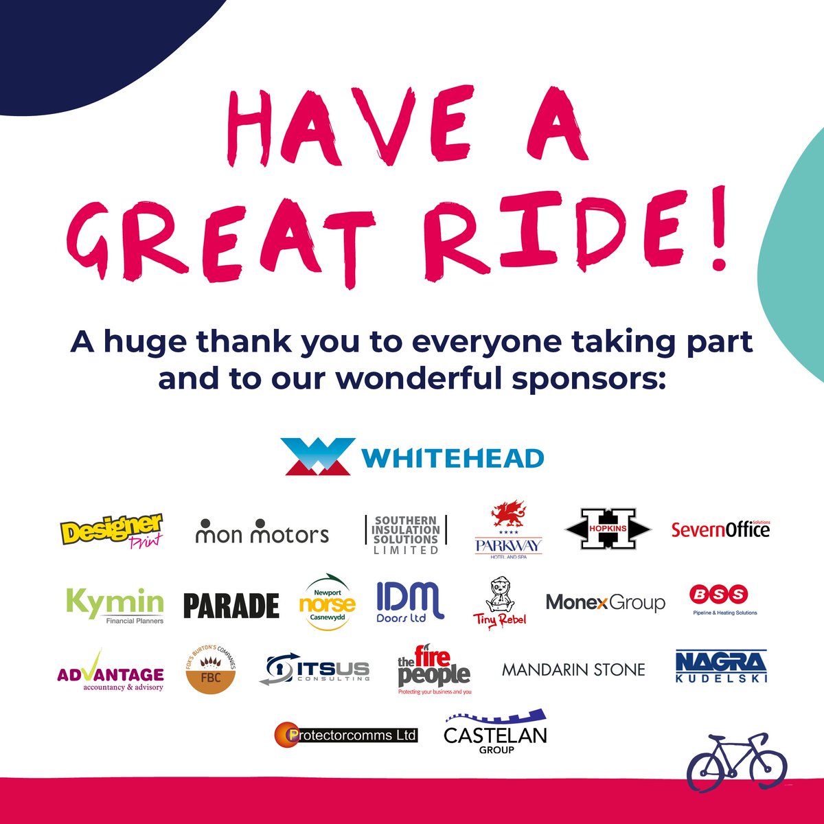 Have a great ride! 

Thanks so much for signing up to take part in supporting the work we do at <a href="/SDFHC/">St Davids Hospice</a>.

A huge thanks to our sponsors who make the ride possible, especially <a href="/Whitehead_BS/">Whitehead Building Services</a> who have kindly sponsored the ride for 10 years!

See you all at the finish line! 👊
