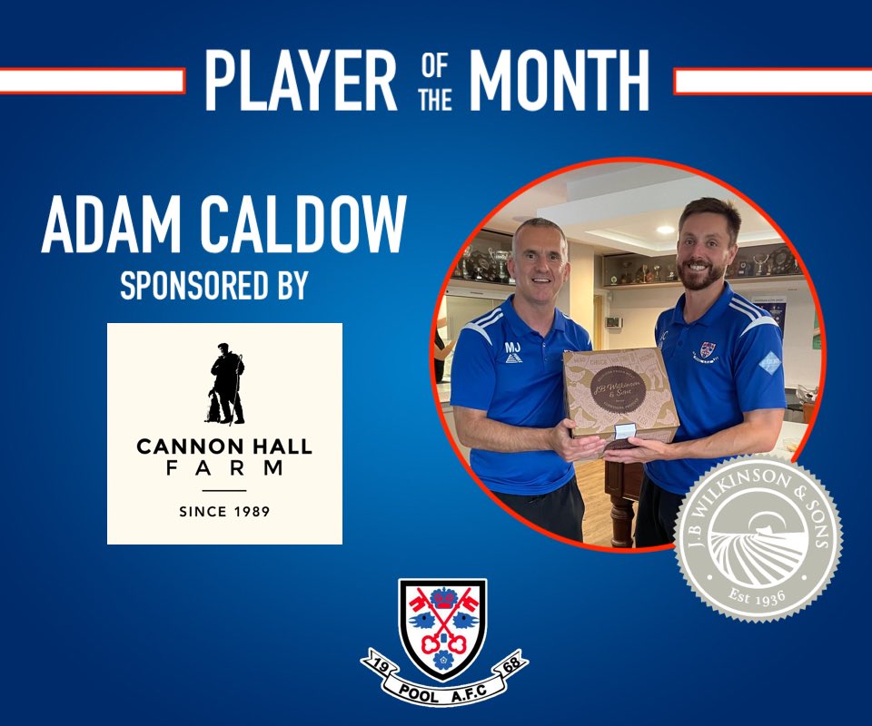 🚨 PLAYER OF THE MONTH 🚨 

Our #playerofthemonth for August was captain <a href="/adamcaldow8/">Adam Caldow</a> 

Adam is pictured being presented with a meat box courtesy of sponsors <a href="/jbwmeat/">J B Wilkinsons Otley</a> by first team manager <a href="/jordan_md5/">Michael Jordan</a> 

Adam is sponsored by <a href="/cannonhallfarm/">Cannon Hall Farm</a> this season.

#PoolAFC #CannonHallFarm