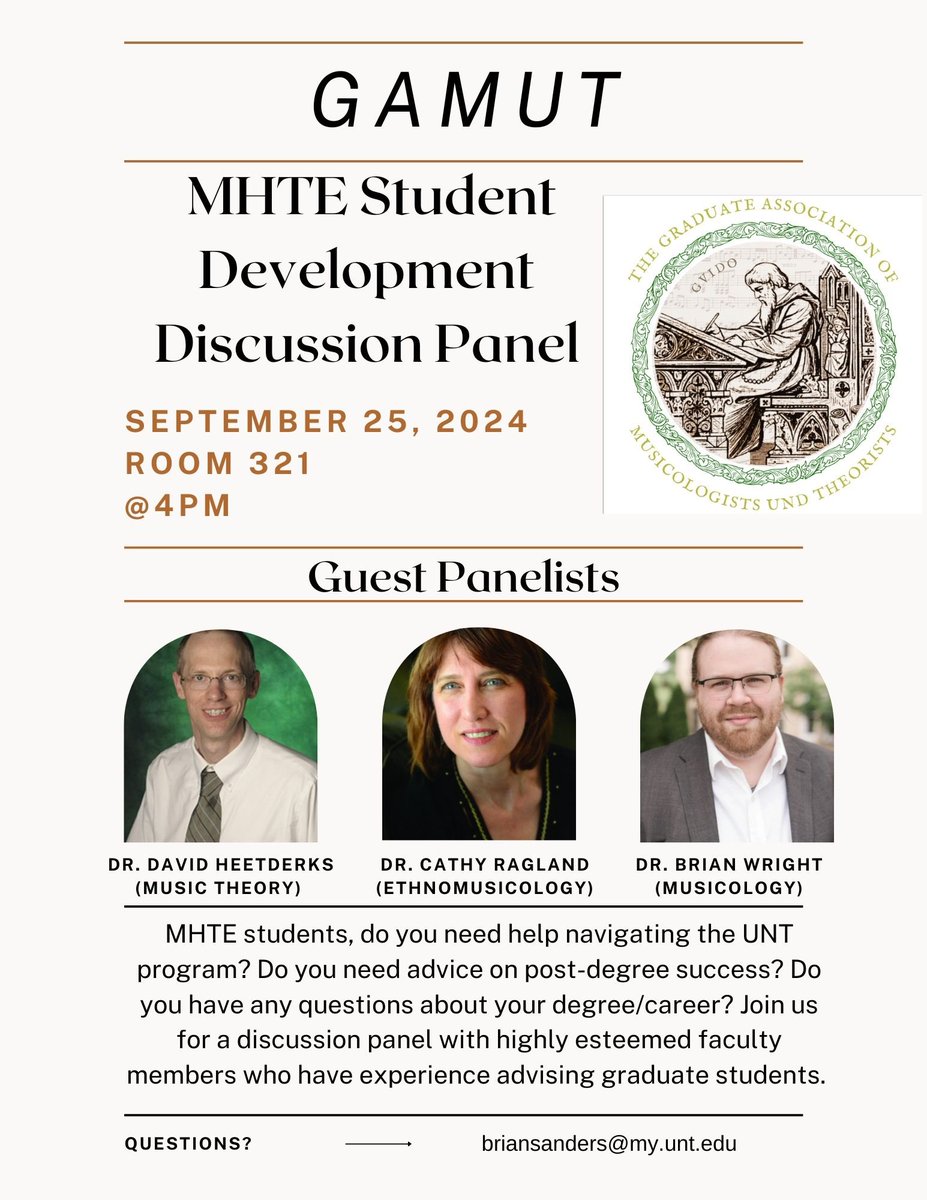 Need any help and advice on your post-degree career and success? Please join us for a discussion panel with three highly esteemed faculty members on Wednesday, September 25th at 4:00 pm in the music building, Room 321. We are looking forward to seeing y’all there.