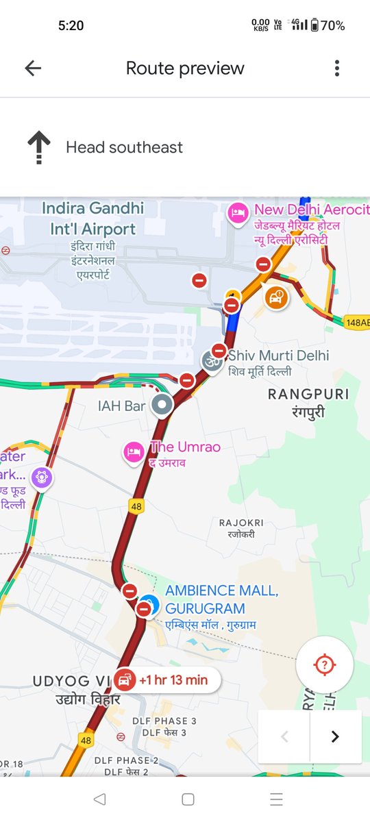 VG_2016's tweet photo. The beautiful hell called NH-48.
Google map shows 75 mins but actually it's 120+ min traffic jam at NH-48 from  Gurgaon-Delhi border to Mahipalpur.

All concerned should be awarded.

@NHAI_Official

@nitin_gadkari

@OfficeOfNG

@PMOIndia

@dtptraffic

@LtGovDelhi https://t.co/pgC9IRlisO