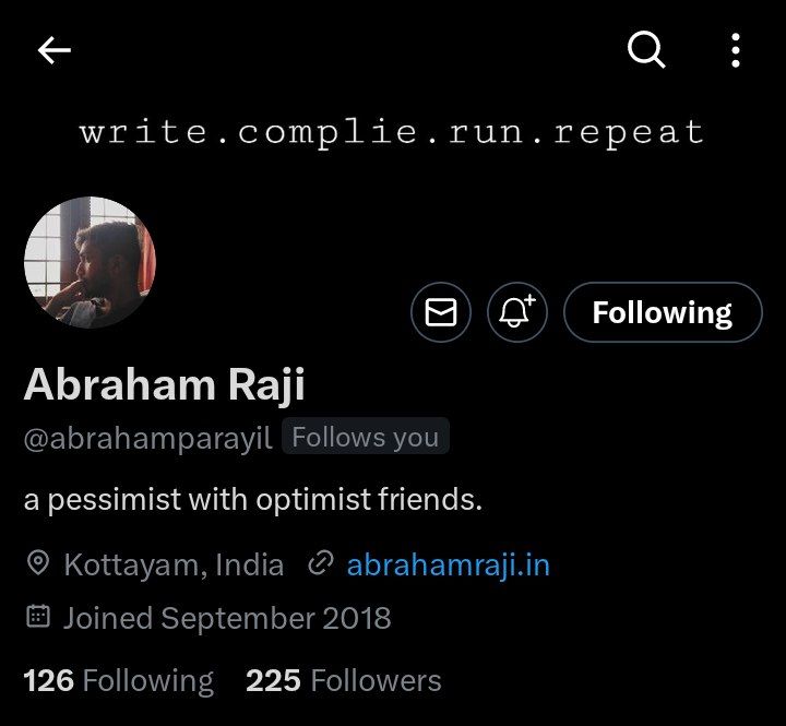 Of all the possibilities of twitter bios, he chose this.

1 year since <a href="/abrahamparayil/">Abraham Raji</a> passed away.