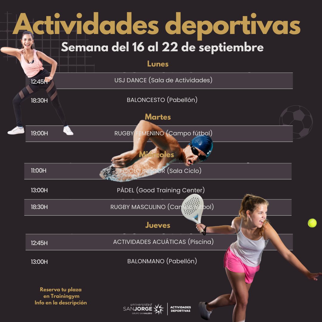 Ya puedes reservar tu plaza en las actividades de la próxima semana a través de la app Trainingym.
Si no tienes usuario solicítalo aquí: leads.trainingym.com/landing/USJDEP… (y te daremos de alta lo antes posible)
#DeporteEsSalud
<a href="/_usj_/">Universidad San Jorge</a>