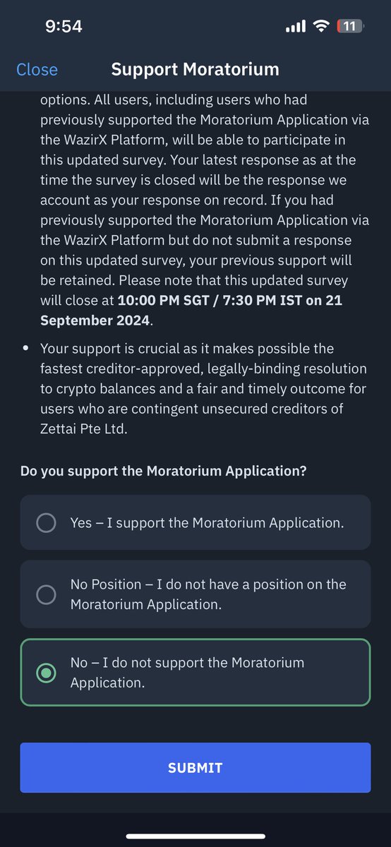 2 *Mandatory* things every WazirX Investor needs to do:

1. Fill up the google form: forms.gle/xJJiatgCybdJfk…

2. In the WazirX app ensure you submit response to Moratorium Application by clicking on “No - I do not support the moratorium application”.

Both steps are compulsory‼️