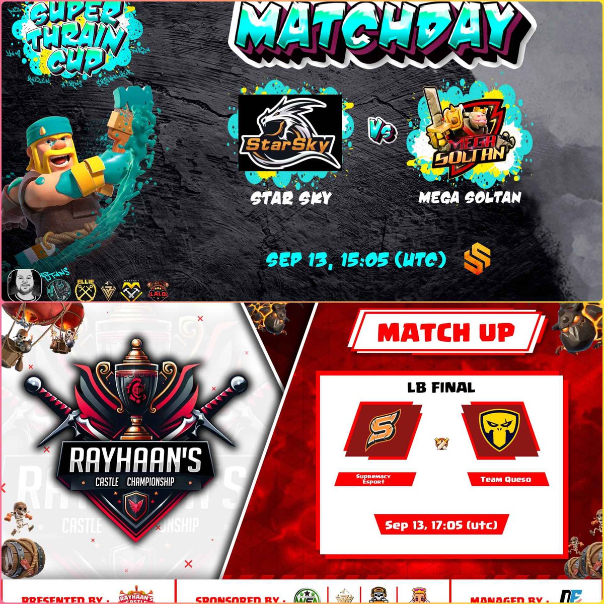 V I E R N E S ! 🥳

Arrancamos Fin de Semana Top! 😍

🏆 STC Gran Final - BO3
✅ Star Sky 🆚 Mega Soltan

🏆 RCC - Habilidades Antiguas
✅ Team Queso 🆚 Supremacy Esport

17:00🇪🇸 12:00🇦🇷 09:00🇲🇽

🖥️ twitch.tv/style_coc