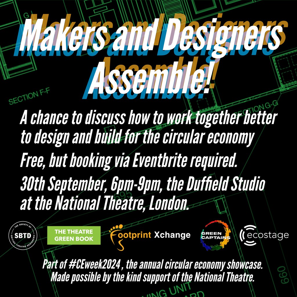 weareSBTD's tweet photo. 6pm-9pm, 30th Sept. at the National Theatre’s Duffield Studio

A chance for set, costume, and prop makers, designers, and other interested practitioners to discuss how to work together to design and build for the circular economy. 

https://t.co/LpVtxe4WlS https://t.co/Lo1K7I91yQ