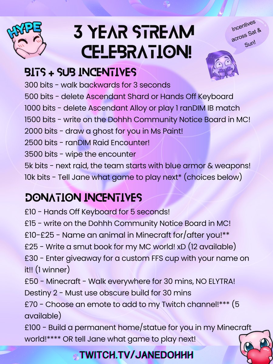 ninadivergent's tweet photo. ‼️Reminder‼️ - My 3 year affiliate anniversary is tomorrow!! We'll be doing a raidathon in D2, helping people get triumphs and 1st completions, its gonna be fun!

I've updated the incentives and milestones a little so take a look! 

Again thank you to the wonderfully supportive and kind @CaseyRoo_ for gifting 3 CUSTOM Ghost Shell paintings to the top 3 donators over the next 2 streams as I'll be celebrating all weekend! 

The majority of money raised will be kept aside and go towards my GCX 2025 fund. Even sharing this would be so incredible, thank you 💜

Really looking forward to it, see you tomorrow 💜