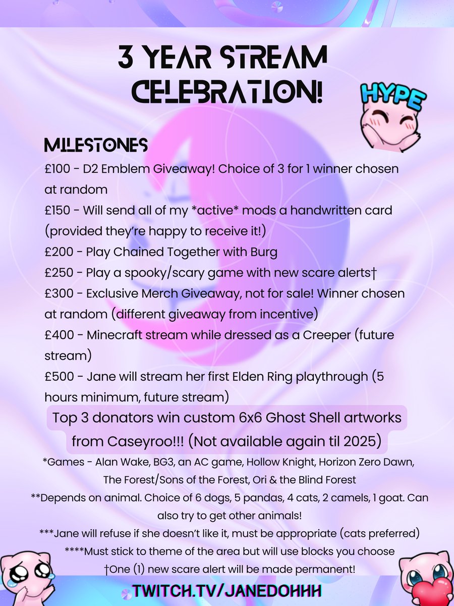 ninadivergent's tweet photo. ‼️Reminder‼️ - My 3 year affiliate anniversary is tomorrow!! We'll be doing a raidathon in D2, helping people get triumphs and 1st completions, its gonna be fun!

I've updated the incentives and milestones a little so take a look! 

Again thank you to the wonderfully supportive and kind @CaseyRoo_ for gifting 3 CUSTOM Ghost Shell paintings to the top 3 donators over the next 2 streams as I'll be celebrating all weekend! 

The majority of money raised will be kept aside and go towards my GCX 2025 fund. Even sharing this would be so incredible, thank you 💜

Really looking forward to it, see you tomorrow 💜