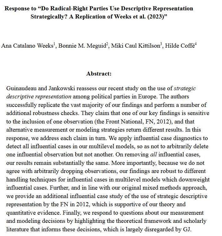 We have a new reproduction and response by the authors!  The original article is entitled "When Do Männerparteien Elect Women? Radical Right Populist Parties and Strategic Descriptive Representation" (by Weeks et al.) The reproducers are Guinaudeau and Jankowski.