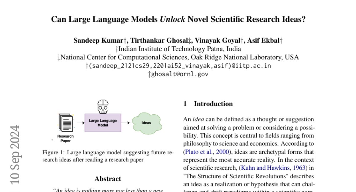 AINativeF's tweet image. 10. Can Large Language Models Unlock Novel Scientific Research Ideas?
🔑 Keywords: Large Language Models, idea generation, research domains, Claude-2, GPT-4
💡 Category: Natural Language Processing
🌟 Research Objective:
To explore the capability of Large Language Models…
